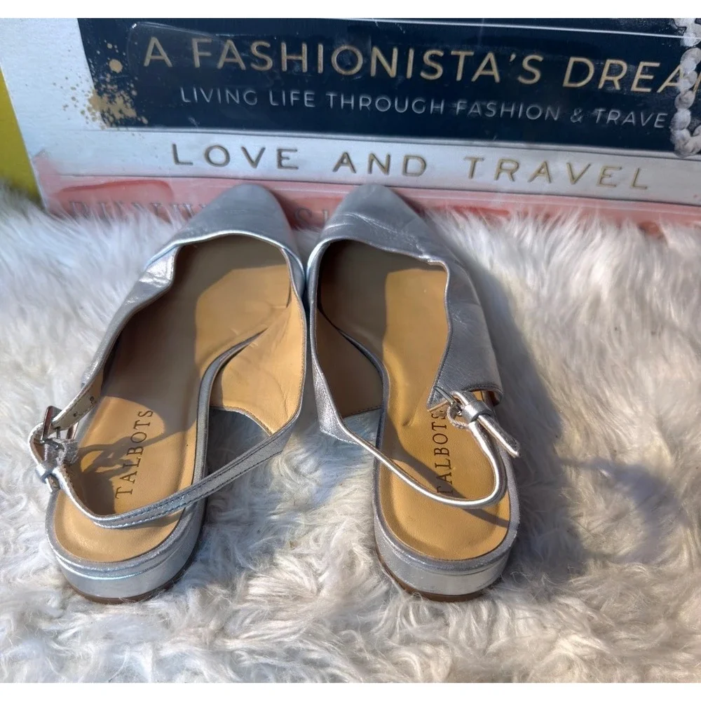 Talbots Metallic Silver Leather Slingback Pointed Toe Flats Womens 8.5M